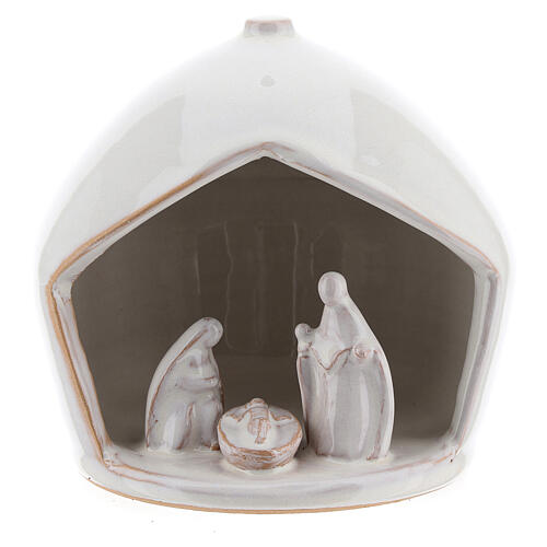 White modern Holy Family set in terracotta with stable 12x11 cm 1
