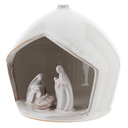White modern Holy Family set in terracotta with stable 12x11 cm 2