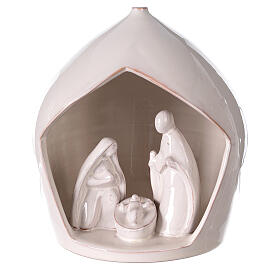 Quadratische Hütte Heilige Familie aus Terrakotta weiße Emaille, 20x18 cm