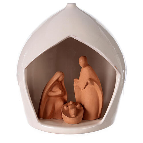 Round stable with Holy Family two-toned Deruta terracotta 20x18 cm 1