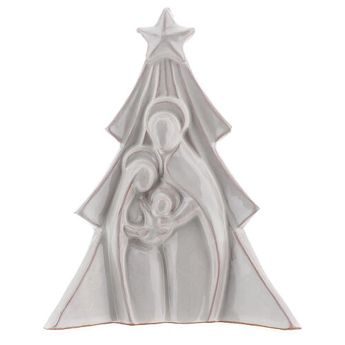 Christmas tree with Holy Family bas-relief in white Deruta terracotta 19x16 cm 1