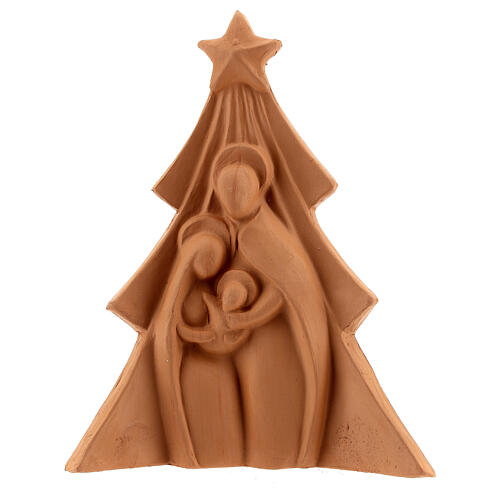Christmas tree with Holy Family bas-relief in natural Deruta terracotta 19x16 cm 1