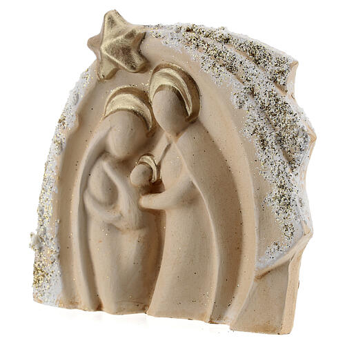 Holy Family figure with stable ivory gold decor in Deruta terracotta 14x16 cm 2