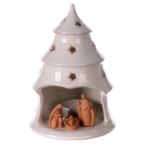 Christmas tree candle holder with Holy Family bi-colored Deruta terracotta 15 cm 1