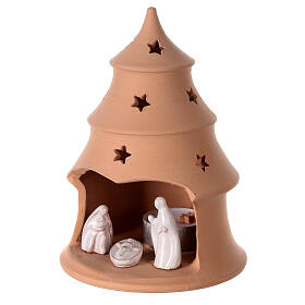 Christmas tree candle holder with white nativity set Deruta terracotta 15 cm