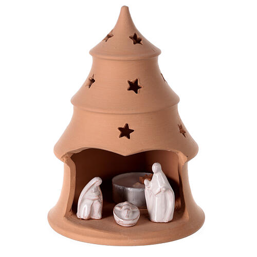 Christmas tree candle holder with white nativity set Deruta terracotta 15 cm 1