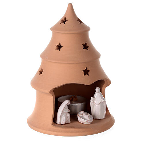 Christmas tree candle holder with white nativity set Deruta terracotta 15 cm 3