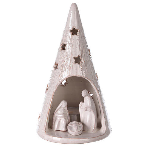 Cone tree with Holy Family in white gold Deruta terracotta 20 cm 1