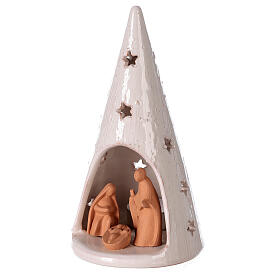 Cone Christmas tree candle holder with Nativity bicolored Deruta terracotta 20 cm