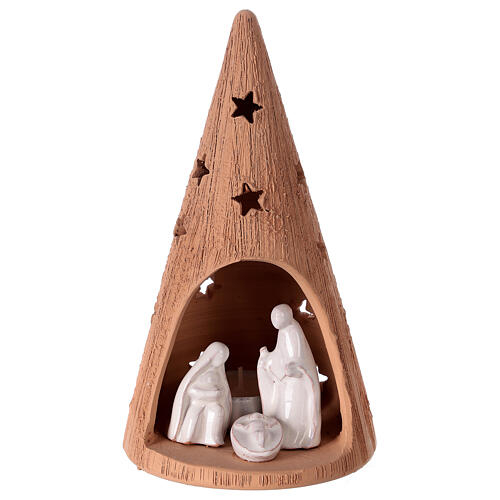 Árvore de Natal cónica terracota natural com figuras presépio e vela Deruta 20 cm 1