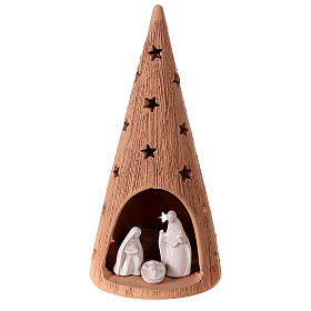 Árvore de Natal cónica terracota natural com figuras Natividade brancas e vela Deruta 25 cm