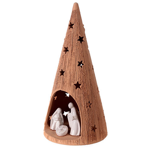 Árvore de Natal cónica terracota natural com figuras Natividade brancas e vela Deruta 25 cm 2