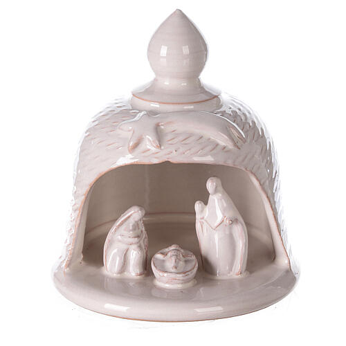 Small bell stable with Holy Family Deruta terracotta cream figurines h. 12  cm