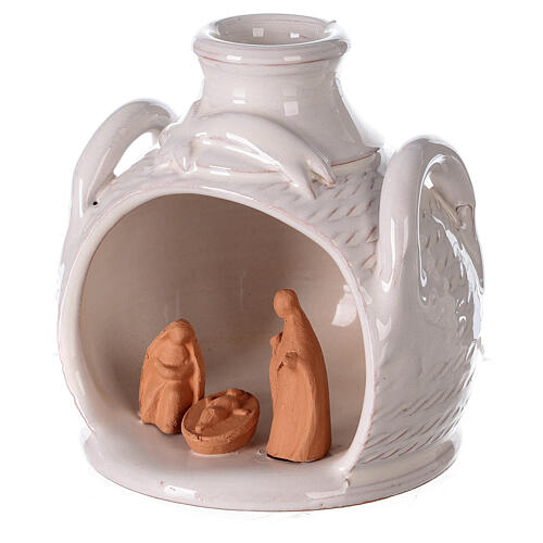 Terracotta Nativity in jar side handled two toned Deruta terracotta 12 cm 2