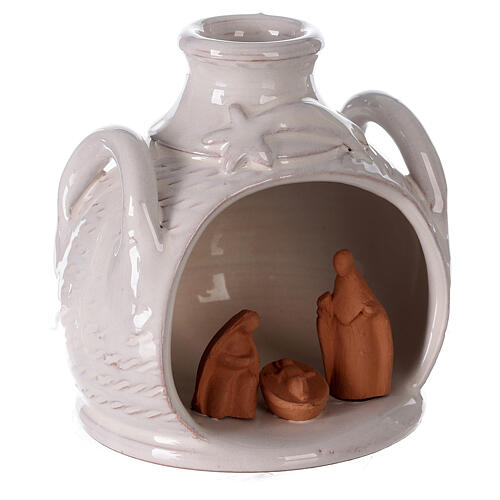 Terracotta Nativity in jar side handled two toned Deruta terracotta 12 cm 3