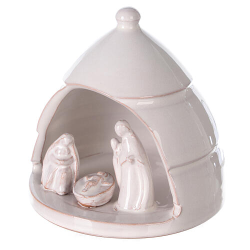 Rounded pine with mini Nativity in white Deruta terracotta 10 cm 2
