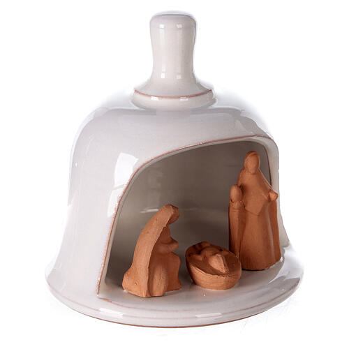 Terracotta mini nativity inside white bell Deruta 10 cm 3