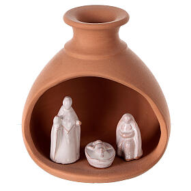 Krippenszene in kleiner Vase Jesu Geburt aus Terrakotta zweifarbig, 10 cm