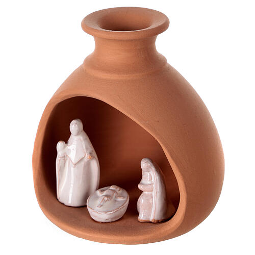 Cabana Natividade mini vaso redondo terracota natural com figuras Sagrada Família brancas Deruta 10 cm 2