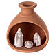 Cabana Natividade mini vaso redondo terracota natural com figuras Sagrada Família brancas Deruta 10 cm s1