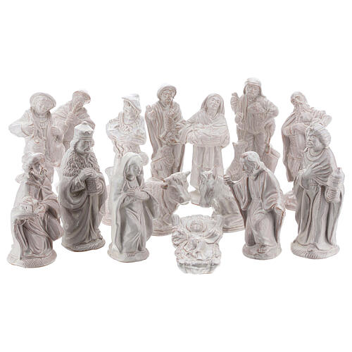 Nativity scene in white enamelled Deruta complete 15 pieces 15 cm 1