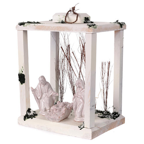 Wooden lantern with Holy Family in Deruta terracotta 30x22x18 micro LED light 2