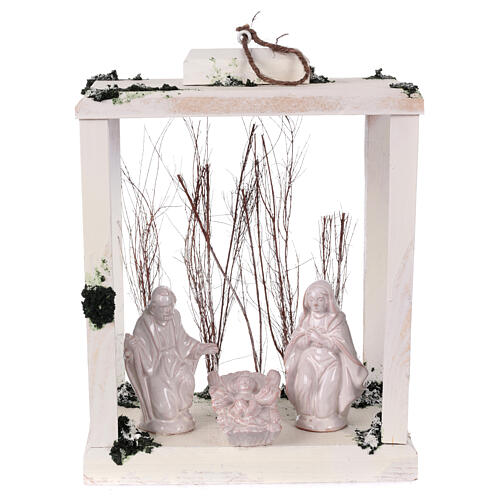 Lampion drewno, figurki terakota biała, Deruta, 30x22x1820cm, światełka LED 1