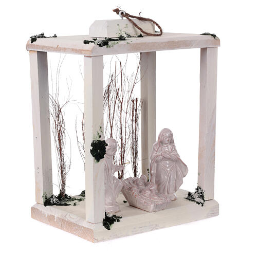Lampion drewno, figurki terakota biała, Deruta, 30x22x1820cm, światełka LED 3