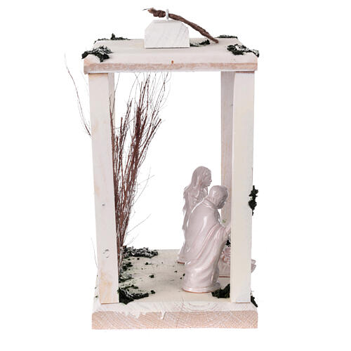Lampion drewno, figurki terakota biała, Deruta, 30x22x1820cm, światełka LED 4