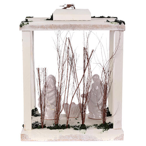 Lampion drewno, figurki terakota biała, Deruta, 30x22x1820cm, światełka LED 5