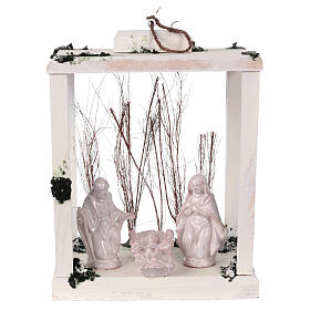Lanterna madeira Natividade figuras terracota branca Deruta 30x22x18 cm com 20 micro lâmpadas LED