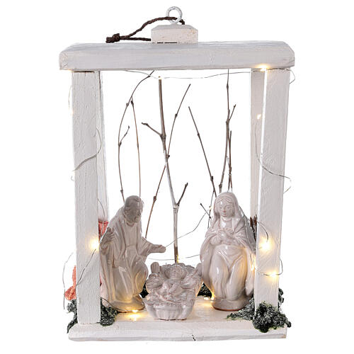 Nativity Christmas lantern wood Deruta terracotta statues 30x22x18 micro LED light 1