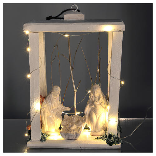 Nativity Christmas lantern wood Deruta terracotta statues 30x22x18 micro LED light 2