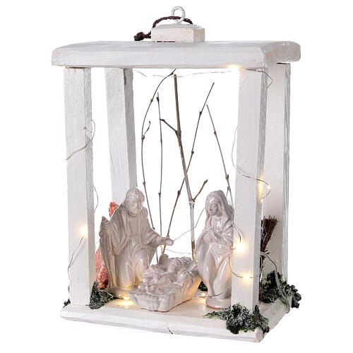 Nativity Christmas lantern wood Deruta terracotta statues 30x22x18 micro LED light 3