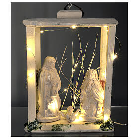 Wooden lantern with Holy Family 20cm in Deruta terracotta LEDs 35x26x20 cm