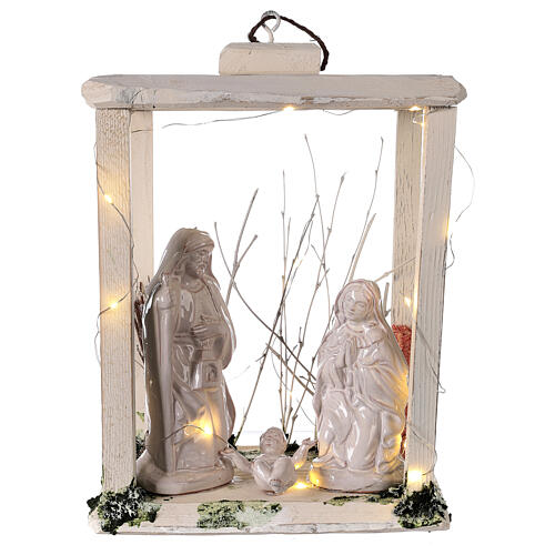 Wooden lantern with Holy Family 20cm in Deruta terracotta LEDs 35x26x20 cm 1