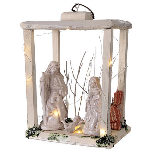 Lampion drewno, figurki 20 cm, biała terakota, Deruta, 35x26x20 cm, światełka LED 3