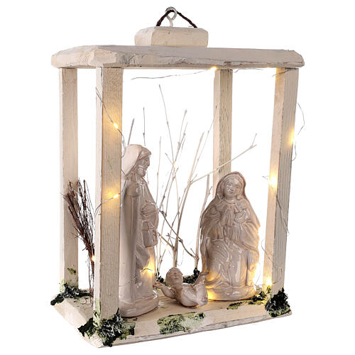 Lampion drewno, figurki 20 cm, biała terakota, Deruta, 35x26x20 cm, światełka LED 4