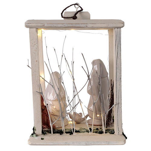 Lampion drewno, figurki 20 cm, biała terakota, Deruta, 35x26x20 cm, światełka LED 5