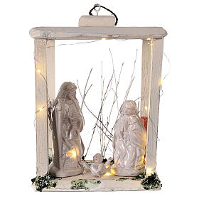 Lanterna madeira figuras Natividade 20 cm terracota branca Deruta 35x26x20 cm com 20 micro lâmpadas LED