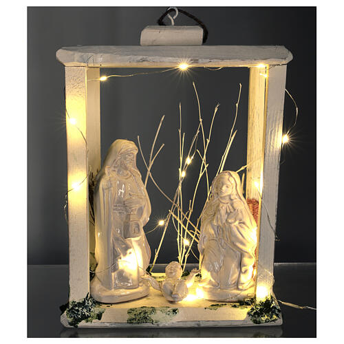 Lanterna madeira figuras Natividade 20 cm terracota branca Deruta 35x26x20 cm com 20 micro lâmpadas LED 2