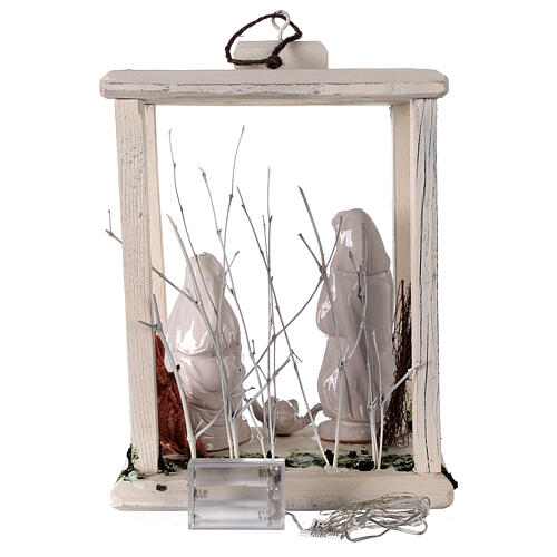 Lanterna madeira figuras Natividade 20 cm terracota branca Deruta 35x26x20 cm com 20 micro lâmpadas LED 6