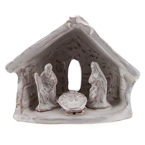 Hütte mit Krippenszene Jesus Geburt aus Terrakotta in weiß, 6 cm 1