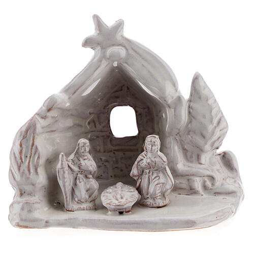 Hütte mit Krippenszene Jesus Geburt aus Terrakotta in weiß, 8 cm 1
