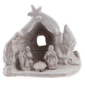 Miniature Nativity stable with Holy Family white Deruta terracotta 8 cm
