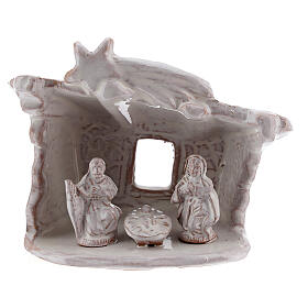 Hütte mit Krippenszene Jesus Geburt aus Terrakotta in weiß, 8 cm