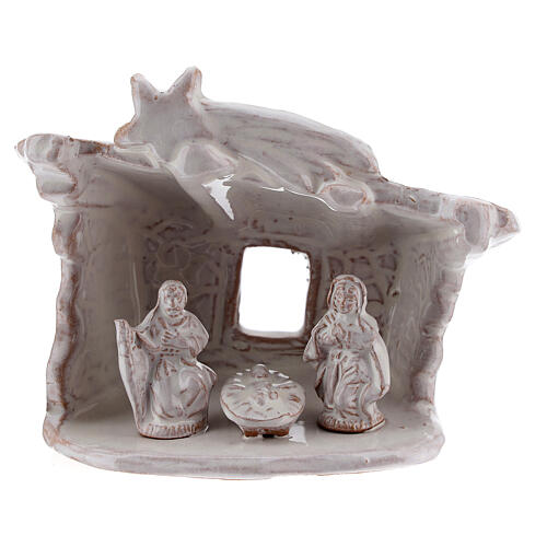 Hütte mit Krippenszene Jesus Geburt aus Terrakotta in weiß, 8 cm 1