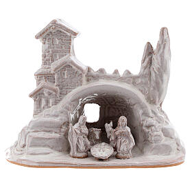 Hütte mit Krippenszene Jesus Geburt aus Terrakotta in weiß, 10 cm