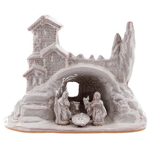 Hütte mit Krippenszene Jesus Geburt aus Terrakotta in weiß, 10 cm 1