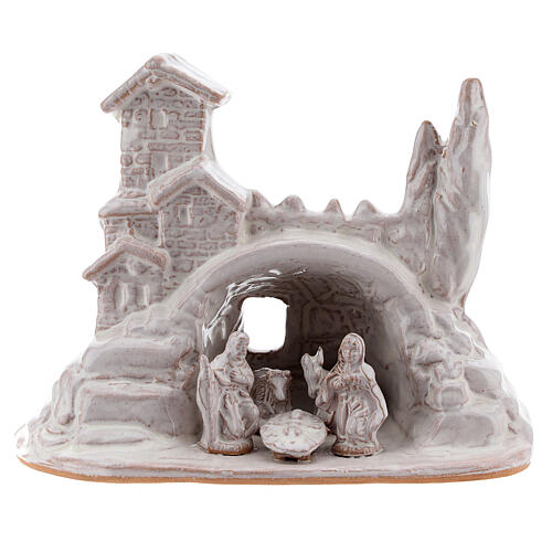 Mini Holy Family with village 10 cm white enamel Deruta terracotta 1